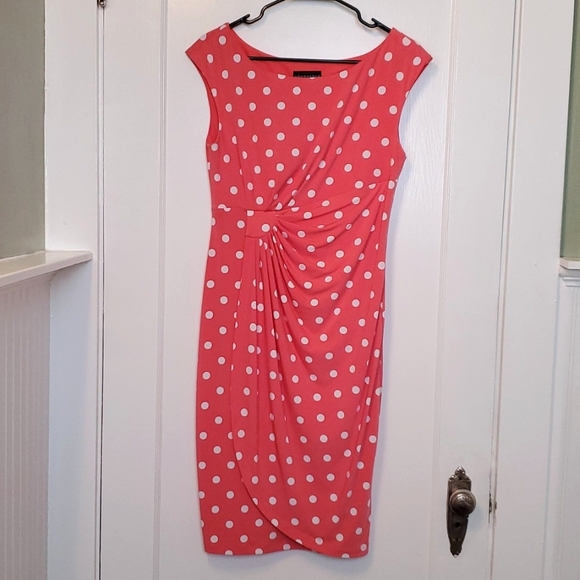 connected apparel Dresses & Skirts - Coral Pink Polka-dot Faux Wrap Midi Dress